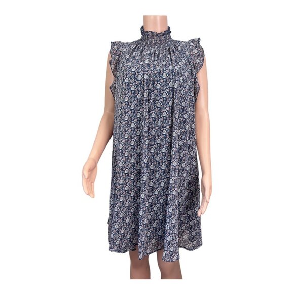 CODExMODE Women SZ M Navy Blue Floral A Line Knee Lenght Dress High Neck Chiffon - Picture 2 of 15